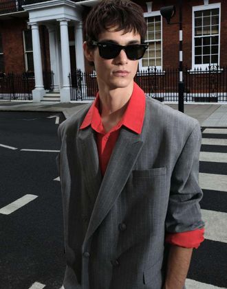 Asos Giacca da abito doppiopetto oversize grigio antracite a righe con motivo a spina di pesce