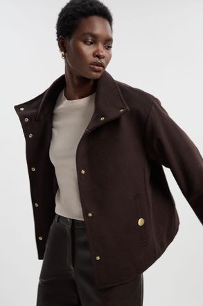 Karen Millen Womens Brushed Wool Funnel Neck Tailored Short Coat - Chocolate - Size 16 UK