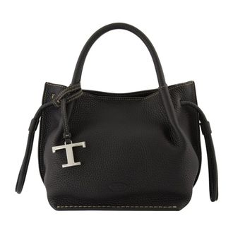 Tod's Tods, Handbags, female, Black, Size: ONE SIZE Black Leather Bucket Bag with Drawstring