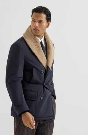 Brunello Cucinelli Bonded nylon double-breasted coat with shearling lining in Navy Blue at Nordstrom, Size 48