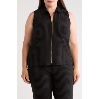 Anne Klein Pinstripe Zip Front Sleeveless Top in Anne Black/white Dove at Nordstrom, Size 1X
