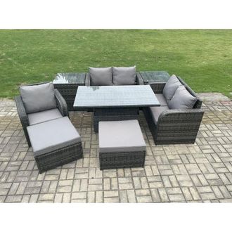 Fimous Wicker pe Rattan Furniture Garden Dining Set Outdoor Height Adjustable Rising lifting Table Love Sofa With Reclining Chair 2 Small Footstools - Fimous