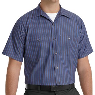 Red Kap Mens Industrial Work Shirt with Pencil Stall, Regular Fit, Short Sleeve, Grey/Blue Stripe, XL