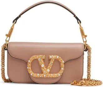 Valentino Garavani Small Loc&ograve; Leather Shoulder Bag in Rose Cannelle/cream Crystal at Nordstrom