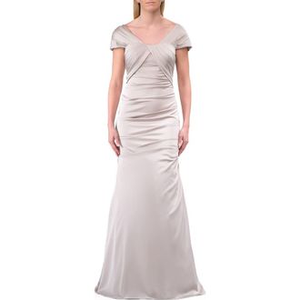 La Femme Lovely Ruched Mermaid Satin Gown with Unique Neckline in Silver at Nordstrom, Size 10