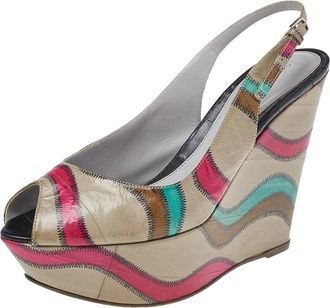 Sergio Rossi Multicolor Stitch Leather Platform Slingback Wedge Sandals