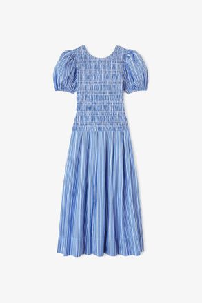 Ganni Nouvean Navy Dress in Striped Cotton - Size 10/12 Organic