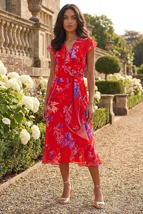 Roman Womens Floral Print Ruffle Wrap Front Midi Dress - Red - Size 10 UK