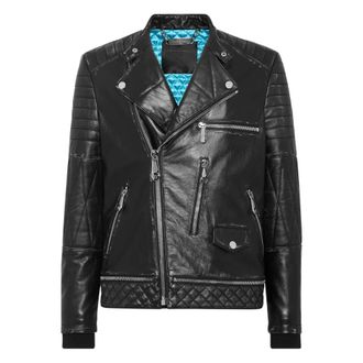 Philipp Plein Leren Bikerjack - Heren - Leren en Su&egrave;de Jassen - Zwart - S - Leer - Jassen