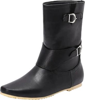 Generic Womens Retro Mid Calf Boots Round Toe Low Flat Heel Slip On Design With Decorative Buckle For Casual Wear