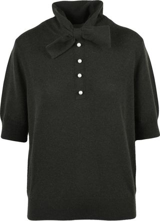Allude Knit Polo Shirt With Bow Detail And Pearl Button Accents