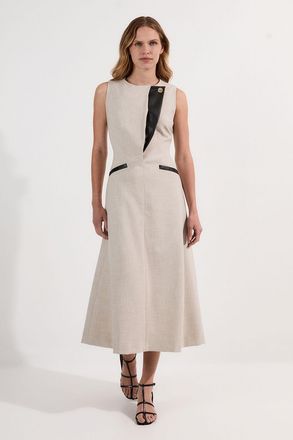 Karen Millen Womens Petite Tailored Marl Contrast Tipped Full Skirted Maxi Dress - Natural - Size 14 UK