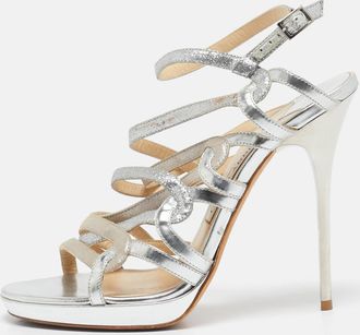 Jimmy Choo London Silver Glitter And Leather Lance Ankle Strap Sandals