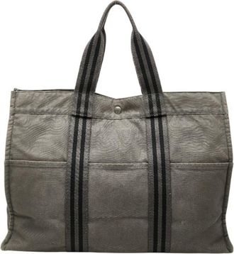 Herm&egrave;s Black Gray Canvas Handbag Tote Bag (Pre-Owned)