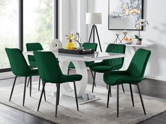 Furniturebox Giovani 6-Seater Grey Glass Dining Table & 6 Pesaro Soft Velvet Dining Chairs in Green