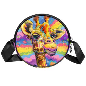 Generic Circle Crossbody Bag for Women, Giraffe Rainbow Small Sling Bag Daypack with Zipper Adjustable Shoulder Straps Casual Ladies Girls Round Purse