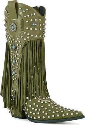Azalea Wang Greyson Fringe & Stud Cowboy Boot in Olive at Nordstrom Rack, Size 7.5