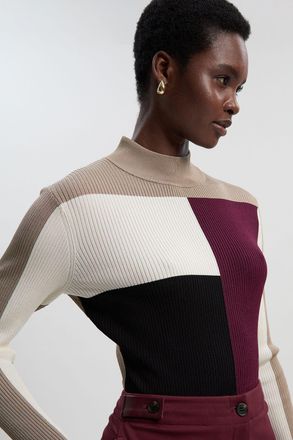 Karen Millen Womens Slinky Rib Knit Colour Block Top - Monochrome Multi - Size X-Small