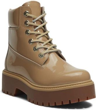 Timberland Stone Street 6-Inch Waterproof Lace-Up Leather Boot in Md Beige Patent Leather at Nordstrom, Size 6.5