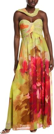 Badgley Mischka Floral Scarf Strapless Gown