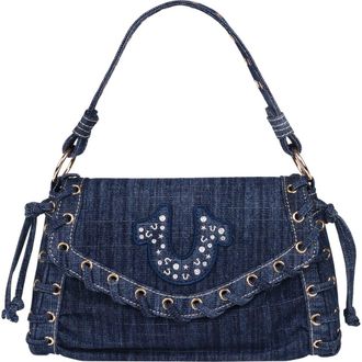 True Religion Studded Horseshoe Eyelet Denim Flap Bag in Dark Denim at Nordstrom