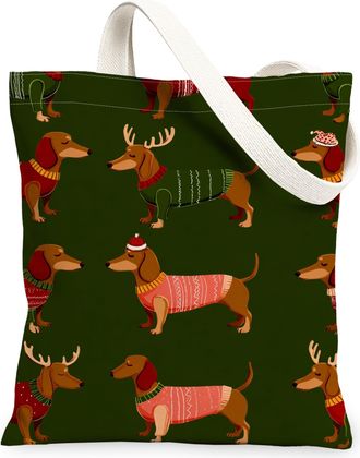 Generic Christmas Dog Print Canvas Tote Bags, Holiday Canine Pattern Reusable Grocery Bags, Lightweight Washable Shoulder Strap Can, Green, 13x15 Inch