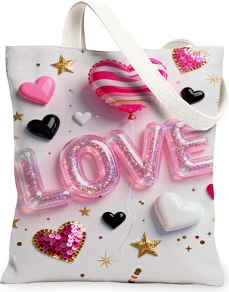 Generic ValentineS Day Heart Canvas Tote Bags, Fun Love Pattern Reusable Grocery Bags, Lightweight Washable Shoulder Strap Canvas, White, 13x15 Inch