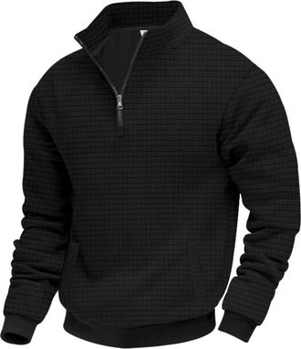 Generic Mens Sweatshirt Zip up Heavy Waffle Knit Henley Men Quilted Quarter Zip Pullover Long Sleeve Sweatshirt Casual Polo Mock Neck Sweaters with Pocket Bla
