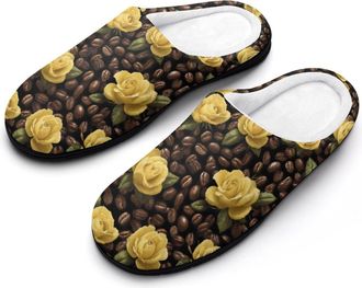 Generic Yellow Roses Coffee Beans Mens House Slippers Memory Foam Washable Cotton Slip on Home Shoes