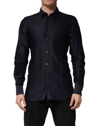 Dolce & Gabbana Black Dotted Cotton Collared GOLD Dress Mens Shirt