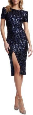 Dress The Population Natasha Sequin Sheath Midi Dress in Midnight Blue at Nordstrom Rack, Size X-Large