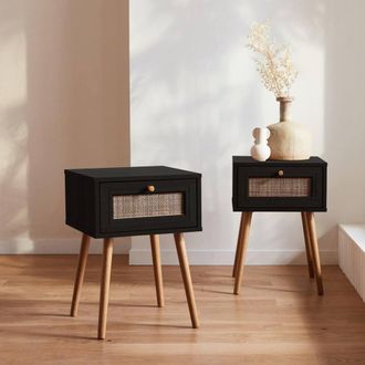 Sweeek Pair Of Woven Rattan Bedside Tables With Drawer in Black
