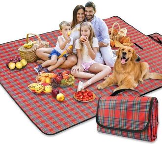 OEM Manta De Picnic A Cuadros Rojos - Impermeable Y Plegable 150x200 Cm - Con Correa De Transporte - Para Playa, Camping Y Jard&iacute;n