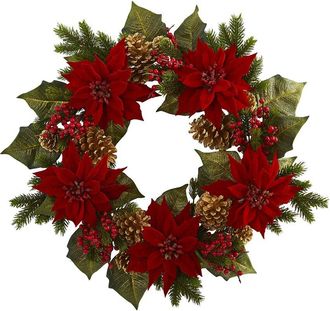 Nearly Natural 24in. Poinsettia, Berry And Golden Pinecone Artificial Wreath
