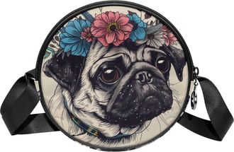 Generic Circle Crossbody Bag for Women, Pug Dog Flowers Small Sling Bag Daypack with Zipper Adjustable Shoulder Straps Casual Ladies Girls Round Purse