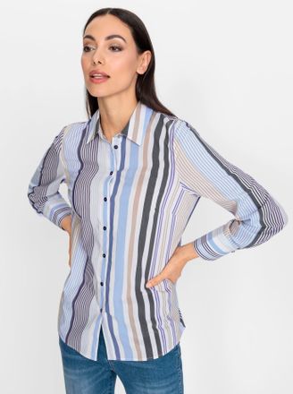 Heine Hemdbluse HEINE, Damen, Gr. 34, blau (beige, marine, gestreift), 67% Baumwolle, 29% Polyester, 4% Elasthan, gemustert, gestreift, V-Ausschnitt, Blusen