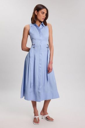 Karen Millen Womens Premium Viscose Linen Topstitch Halter Neck Woven Dress With D Ring Detail - Blue - Size 14 UK