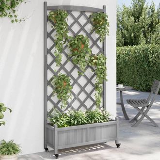 Berkfield Home Planter with Trellis & Wheels Grey Solid Wood Fir