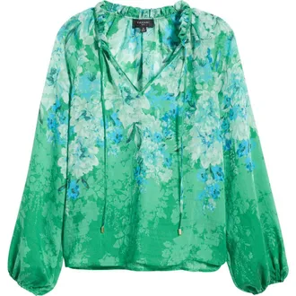 Tahari by ASL Floral Ruffle Balloon Sleeve Chiffon Top in Green Blue at Nordstrom, Size X-Small