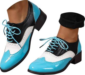 Generic Womens Lace Up Wingtips Two Tone Oxford Shoes Wingtip Chunky Heeled Patent Leather Vintage Lace up Two Tone Saddle Shoes PU Leather Oxford Shoe Low To
