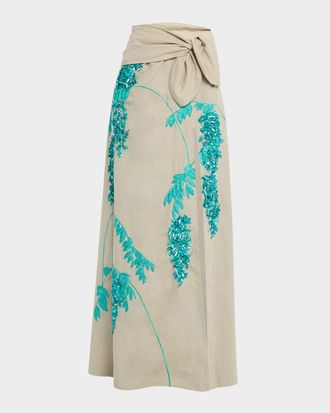 Bernadette Floral Sequin Embroidered Linen Slit Maxi Skirt