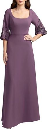 Mac Duggal Crepe Gown With Floral Embellished Sleeves in Eggplant at Nordstrom, Size 14