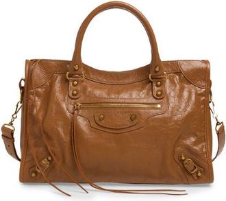 Balenciaga Medium Le City Crinkled Leather Tote in 2630 Camel at Nordstrom