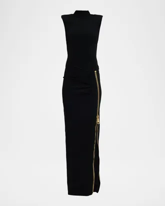 Balmain Mock-Neck Zip Slit Sleeveless Gown