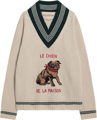 Valentino Garavani Le Chien V-Neck Sweater - Heren - V-hals truien - Geel - M - Wol - Truien & Vesten