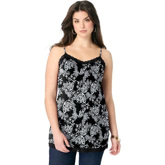 Roaman's Lace Trim Knit Cami With Adjustable Straps in Black Lace Paisley at Nordstrom, Size 20