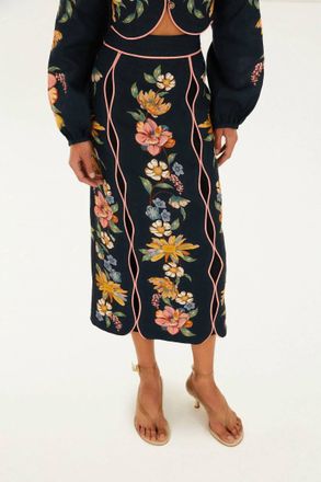 Farm Rio Maira Midi Skirt In Dark Blue
