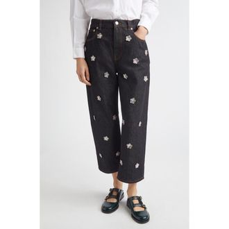 Marni Floral Embellished Stonewashed Carrot Fit Jeans in Emb99Blublack at Nordstrom, Size 12 Us