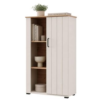 Dmora Vitrina Farra, Mueble Expositor 4 Estantes, 1 Puerta, 6 Compartimentos, 79x36x127h Cm Blanco Crema