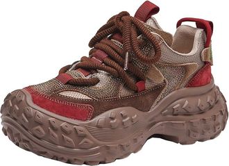 Generic Ladies Versatile Contrasting Color top Cowhide dad Shoes with Thick mesh Sole Breathable and Non Slip Casual Sports Shoes (Red,5.5)